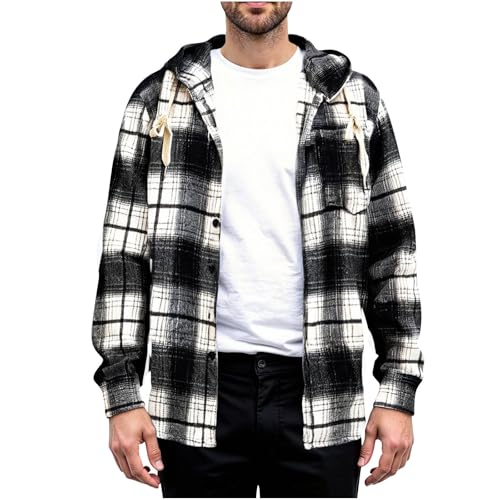 Men's Hoodies Plaid Shirt Casual Button Down Stylish Long Sleeve Hooded Jackets Comfy Hoodie Trendy Fall Outwear