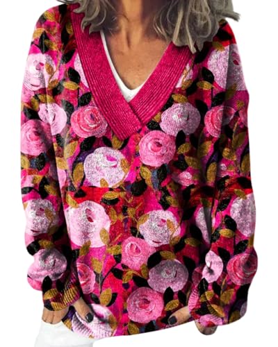 Women's Cozy V-Neck Long Sleeve Pullover Top with Colorful Floral