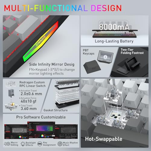 Image of Redragon Wireless Mechanical Keyboard, Gasket RGB Gaming Keyboard with Screen & Knob, Tri-Mode BT5.0 /2.4G /USB-C, 95 Keys Hot Swappable, Side Printed PBT Keycaps, Thick Pre-Lubed Linear Switch, K725SP