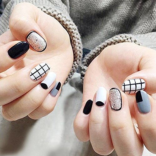 Yean False Nails 24Pcs/Set Fake Nails Bridal Full Cover Medium Long Oval Silver Glitter and Balck Nail Tips with Design Press on Nails with Glue and Adhesive Tab for Women and Girls