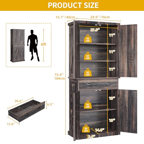 DWVO 72'' Tall Farmhouse Kitchen Pantry, Rustic Wood Kitchen Storage Cabinets with Adjustable Shelves & Drawer, Freestanding Cupboard for Dining Room, Living Room, Dark Grey
