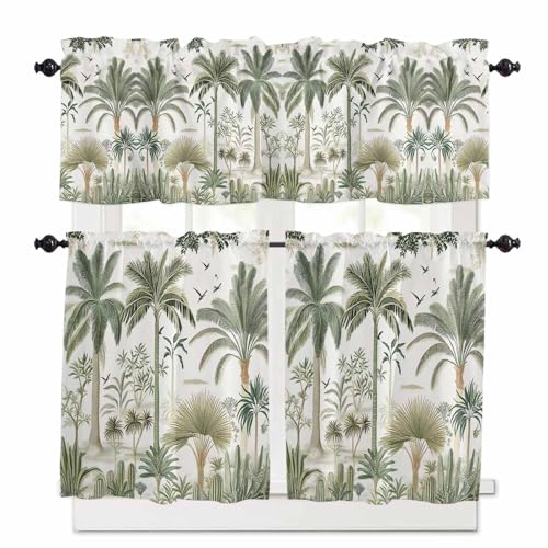 Tropical Green Palm Tree Kitchen Curtains 36 Inch Length, 3 Piece Rod Pocket Small Half Tiers and Valance Set, Summer Beach Cactus Small Large Window Treatment Decor for Bedroom/Bathroom Sink