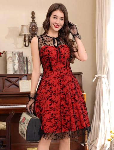 Image of Mesh Floral Embroidery Dress for Women Vintage Gothic Cocktail Dress Goth Mini Tulle Short Halloween Party Evening Prom Gown