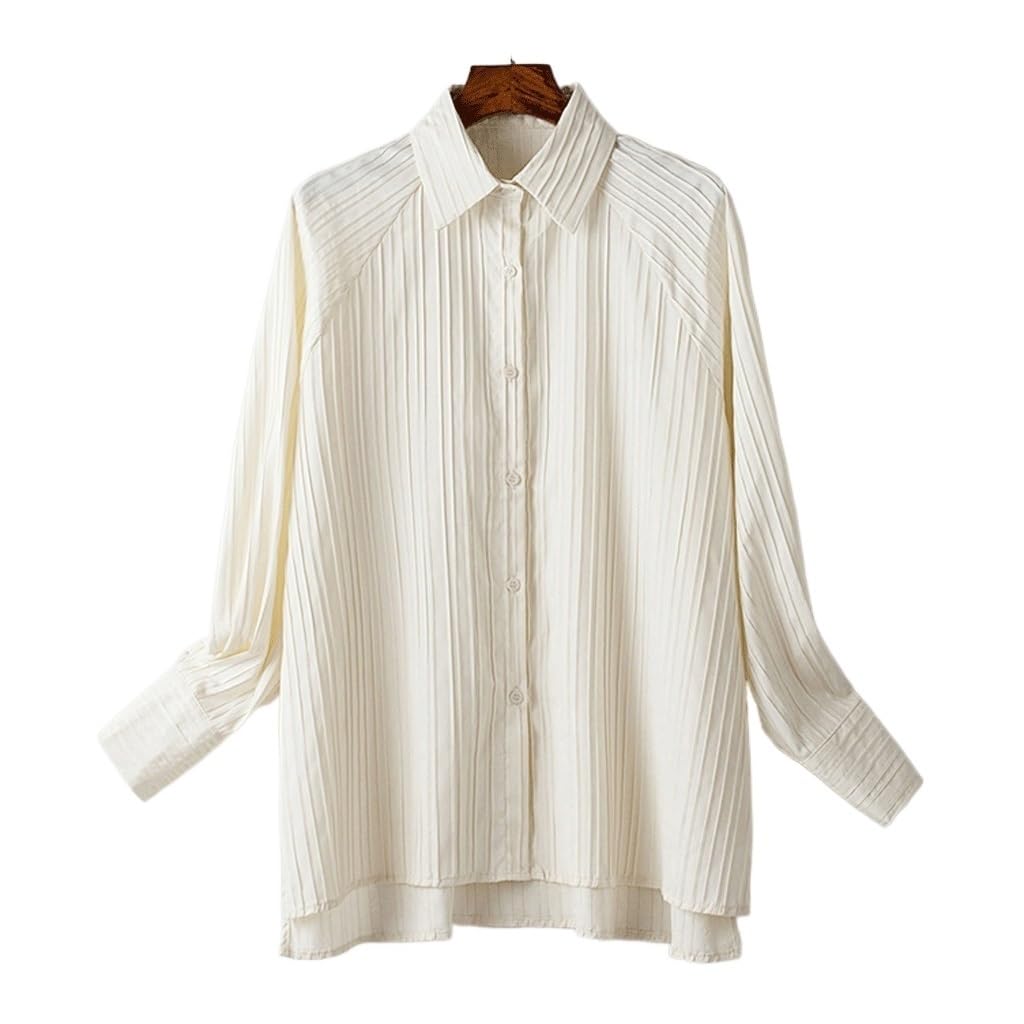 Camisa de Rayas Verticales con Textura Francesa Camisa Plisada prensada con Solapa Holgada de otoño for Mujer(3-Pack,L)