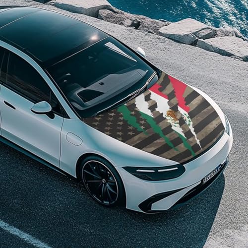 Image of Mexican Flag for Car Hood Cover Weatherproof Automotive Exterior Accessories Universal Fit Hood Covers for Cars, Trucks, SUV, or Van Full Coverage, Camo American