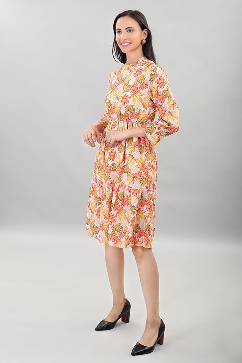 Image of A-Line Floral Printed Fit & Flared Western Brown Dress for Women | One Piece Midi Dress for Women Stylish Western Printed Dresses