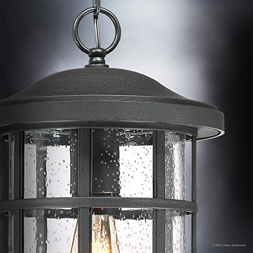 Image of Urban Ambiance Luxury Craftsman Outdoor Pendant Light, Medium Size: 15.5 inch H x 10 inch W, with Tudor Style Elements, Wrought Iron Design, Natural Black Finish and Seeded Glass, UQL1048