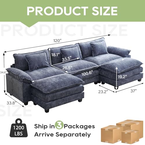 Image of Oprisen 120 inch Modular Sectional Sofa, Comfy Cloud Couch Sectional Sofa with Ottoman, Chenille Sofa Sleeper Deep Seat Sofa with Throw Pillows for Living Room (Blue, 120 inch- U Shape)