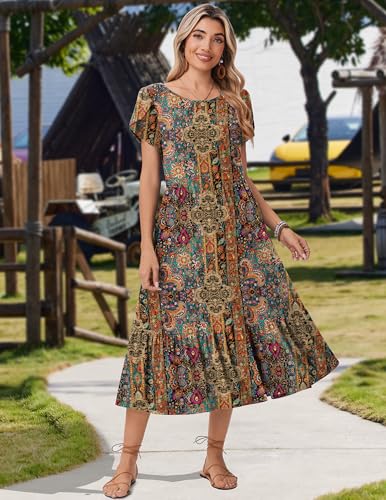 Image of Zeagoo Women Summer Midi A Line Dress Short Sleeve Casual Flowy Tiered Beach Long Sundress with Pockets 2026 Vacation Travel