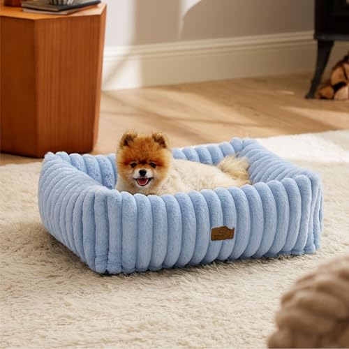Image of Bedsure ComfyFleece Cute Dog Bed for Small Medium Dogs Washable,25in Blue | Furry Puppy Beds,Square Rectangle Orthopedic Corduroy Aesthetic Pet Beds,Removable Zipper Cover,Non-Slip Bottom,Up to 15 Lbs