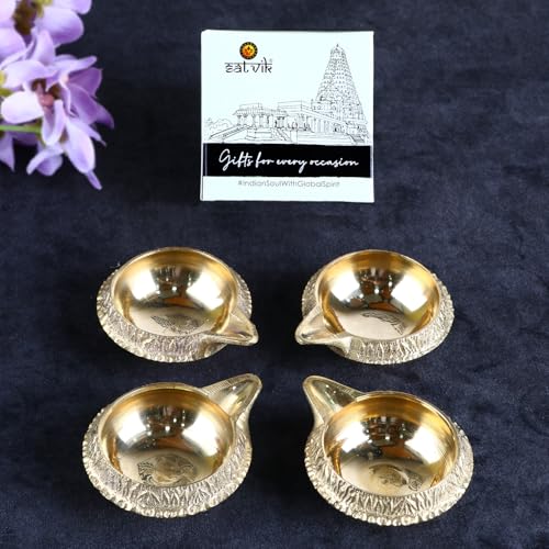 Image of SATVIK Set of 4 - Pure Brass Kuber Diya Oil Lamp for Pooja Home Temple Decor Small Brass Diya for Festival Prayer Diwali Decoration Traditional Metal Lamp