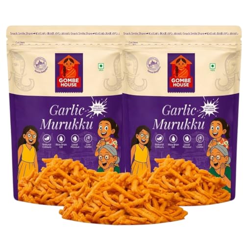Image of Gombe House Garlic Murukku 120g Each (Pack of 2, 240g Total) Crispy Garlic Flavour South Indian Chakli Traditional Tea Time Snack Vegan No Palm Oil Homemade Style Crunchy Namkeen
