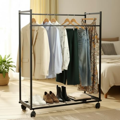 Image of RIZIK STORE Heavy-Duty Metal Garment Rack with Wheels & Bottom Shelf | Clothes Organizer, Storage Shelf | Anti-Rust Iron Clothing Stand for Bedroom, Entryway & Living Room (Black)