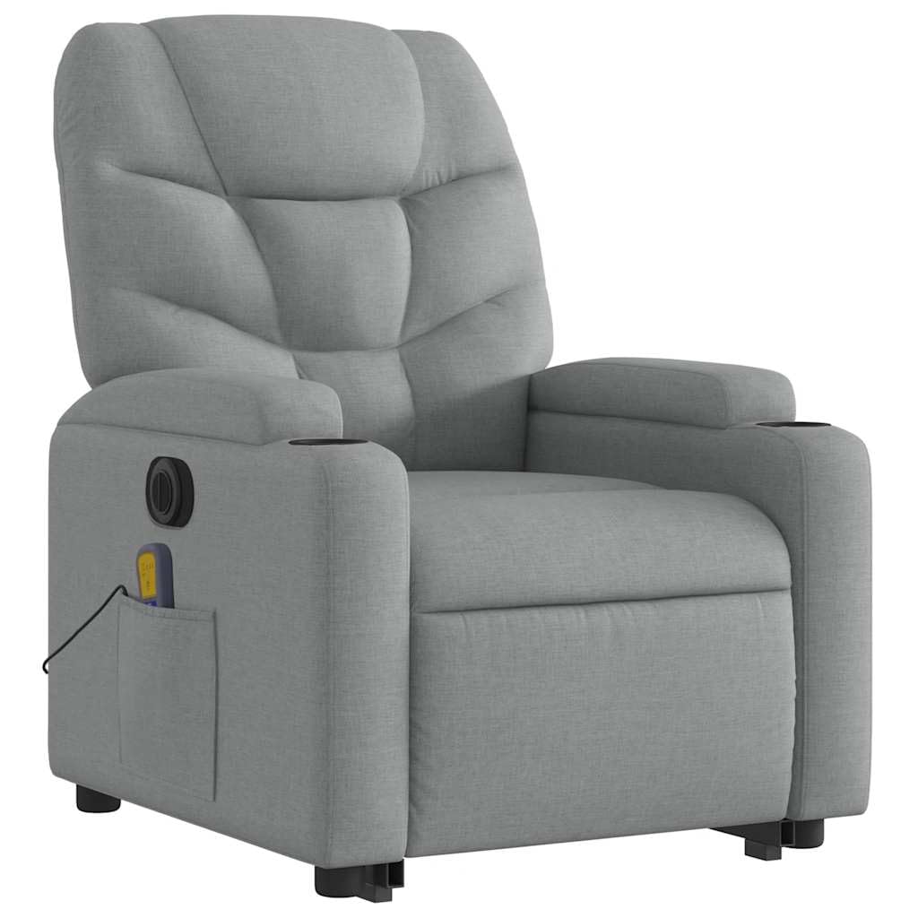 Sillón elevador eléctrico con masaje de 6 puntos y reclinación automática, gris claro de tela, función elevación y vibración, estructura estable de madera