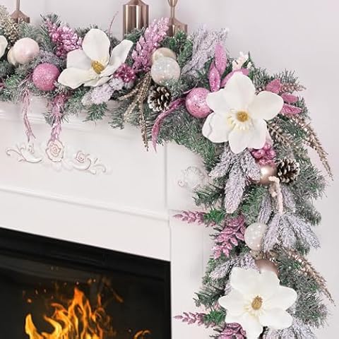 Christmas Garland - 5.9 Ft Christmas Garland for Mantle, Christmas Flocked Garlands with Magnolia Flower Christmas Balls Pink Gold Leaves for Outdoor Indoor Christmas Decor Cover