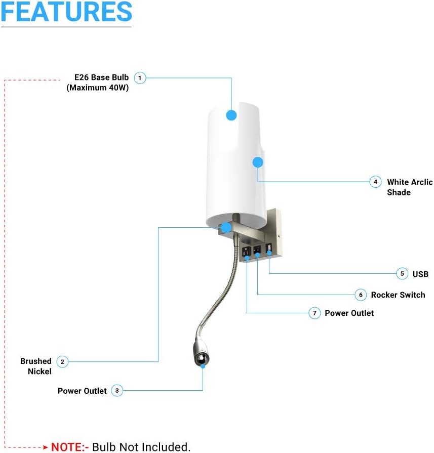 New Deal 1-Light Modern Bedside Wall Sconce Light with One LED Reading Swing Arm Wall Light, 1 USB + 1 Switch + 1 Outlet, Brushed Nickel Finish, White Acrylic Shade Black Friday - 70% OFF 1-Light Modern Bedside Wall Sconce Light with One LED Reading Swing Arm Wall Light, 1 USB + 1 Switch + 1 Outlet, Brushed Nickel Finish, White Acrylic Shade