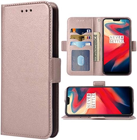 Phone Case for Oneplus 6 Folio Flip Wallet PU Leather Credit Card Holder Slots Heavy Duty Full Body Protection Kickstand Protective Phone Cover for Oneplus6 A6000 A6003 One Plus6 Plus Rose Gold