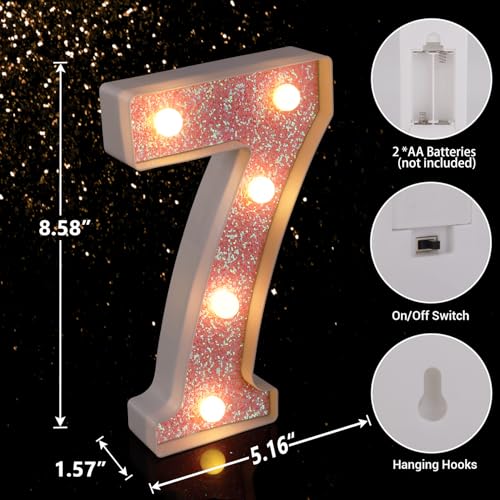 Image of LED Letter Lights Pink Glitter Marquee Letters Light Up Alphabet Letters Sign Battery Powered for Home Party Decoration Night Bar Wedding Birthday Christmas Lamp Girls Gift - Number 7