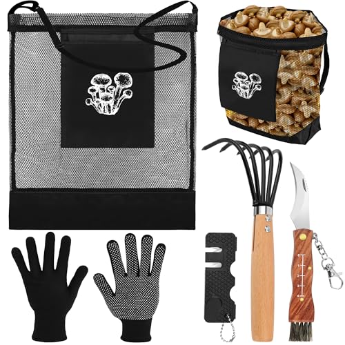 Windspeed 6 Pcs Mushroom Foraging Kit, Mushroom Harvesting Kit Include Mushroom Foraging Bag Mushroom Harvesting Knife and Brush with Sharpener and Rake