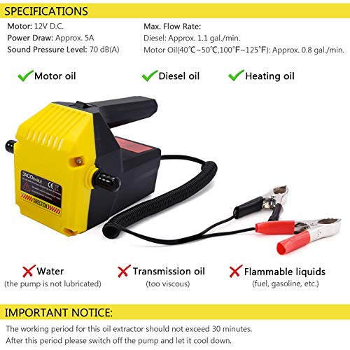 Jacobable Oil Change Pump Extractor, 12v 80w Marine Oil Change Pump and Electric Oil Pump, Great Choice for Oil Changes in Car, Ship, Truck, Motorcycle (Yellow)