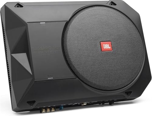 JBL BassPro SL2 Aktiv Subwoofer Auto Set - Car hifi Untersitz Bassbox Gehäuse mit Bassreflex Woofer box groß 200mm und 125 Watt aktiver Verstärker, Schwarz, 44