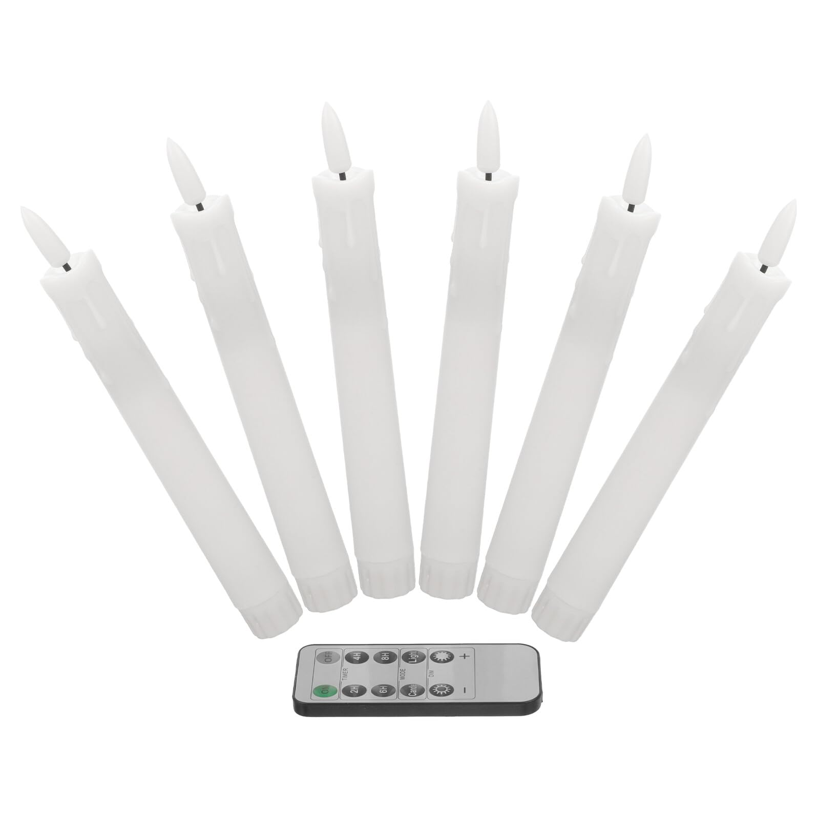 WOONEKY 6 Candele Coniche senza Fiamma a Batteria Fiamma Tremolante Realistica Set da 6 Candele LED Bianche Palo lungo per Decorazioni Natalizie e Ambienti Interni Sicure