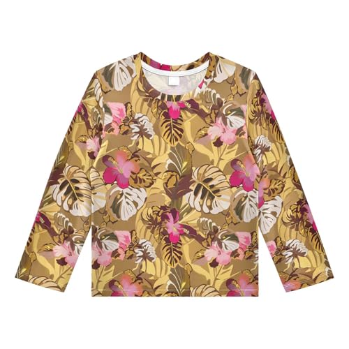 DOMIKING Monstera Flowers Golden Yellow Boys Long Sleeve Rashguard Shirt Kids Quick Dry Swim Shirt for Running Swiming Pool 9-10T