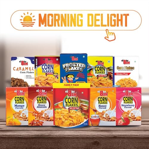 Image of 8AM Corn Flakes 500 Gram, No Added Sugar, 97% Corn, 99% Fat Free, No Cholesterol, Trans Fat, Artificial Additives, Vitamins B1, B2, B3, B6, B9, Iron, Calcium, Breakfast Cereal