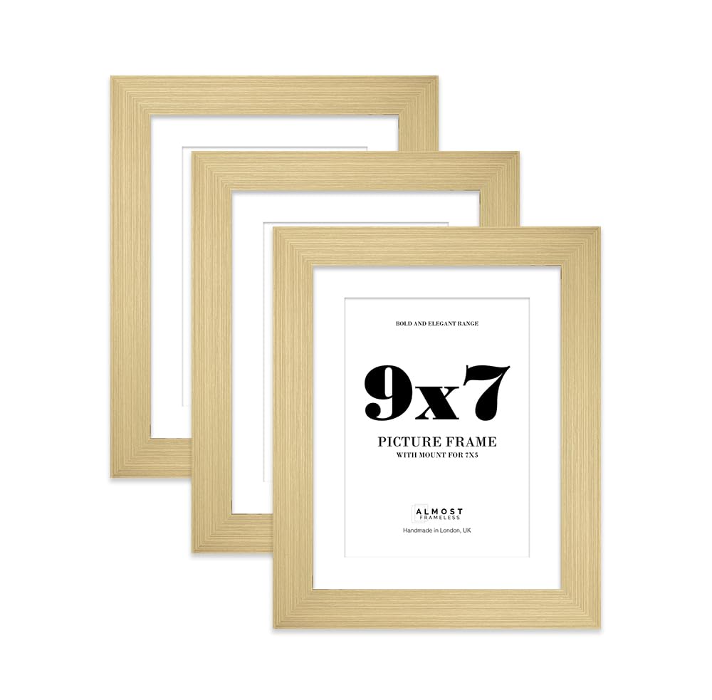 9x7" Gold Frame With Mount for 7x5" Pictures 28mm Edge Portrait and Landscape Display with Wall Hooks and Kickstand, 3 Pack
