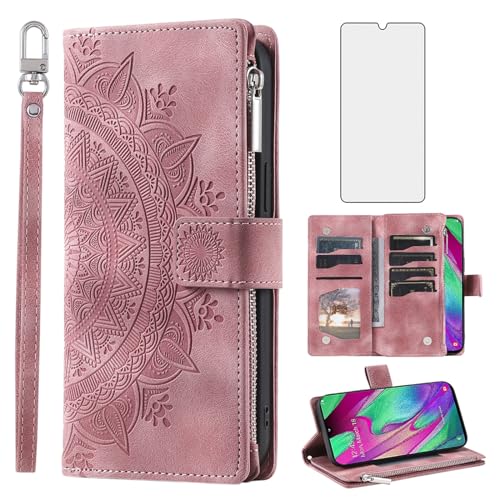 Pochette Samsung A40 motif fleur mandala avec rangements et dragonne