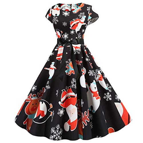 Preisvergleich Produktbild Leeafly Damen Weihnachtskleider, Weihnachtsrock Casual Weihnachten Druck Basic Kleider Schöne Kurzarm A-Linie Röcke Swing Kleider Minikleid(M,Schwarz)
