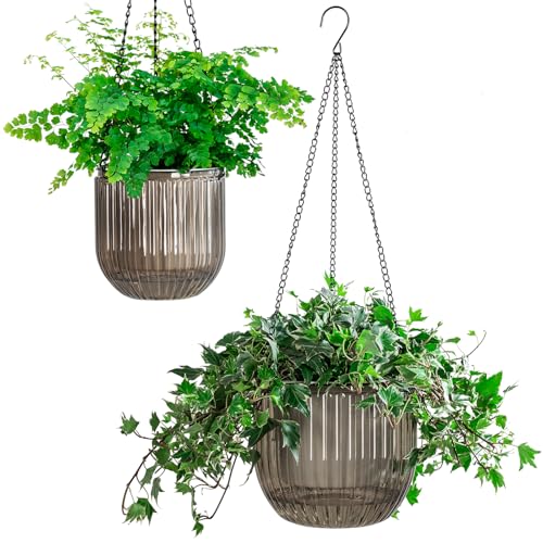 Melphoe 2 Pack Self Watering Hanging Planters Indoor Flower Pots, 5.3/8.3 Inch Outdoor Hanging Basket, Plant Hanger with 3Hooks Drainage Holes for Garden Home (Gray)
