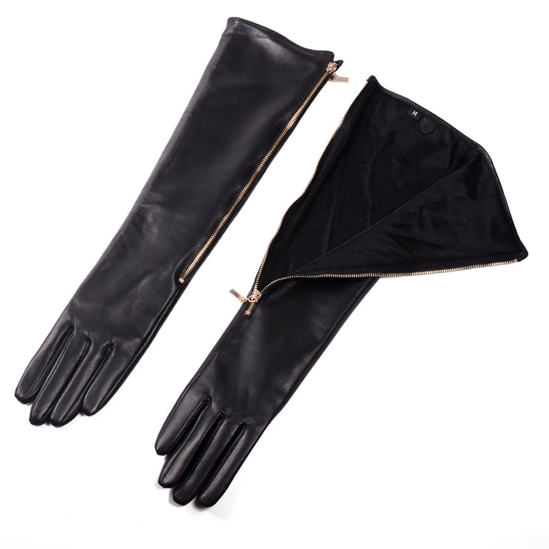 Wvapzxx Guantes Largos Con Cremallera Dorada Lateral De Cuero Genuino Negro De 45CM Para Mujer De Invierno