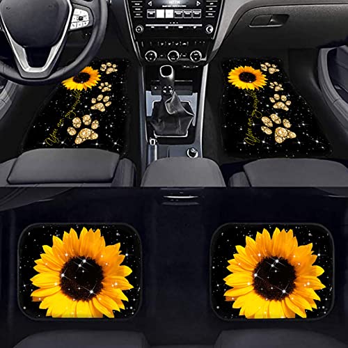 Howilath Sunflowers Gold Dog Paw Print 4 Pcs Auto Floor Mat Car Front & Back Floor Carpet Non Slip Anti Dirty Foot Pad Rug Automotive Rose Accessories