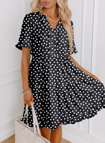 Image of Dokotoo Womens Summer Dresses 2026 V Neck A Line Short Sleeve Casual Ruffle Babydoll Mini Dress