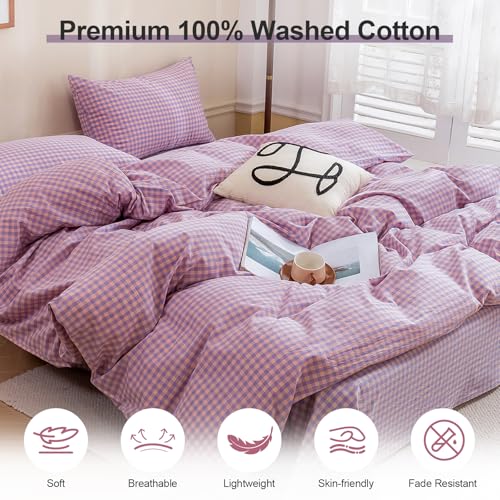 Image of EAVD Vintage Purple Gingham Duvet Cover Queen Soft 100% Washed Cotton Modern Purple Pink Grid Plaid Duvet Cover with 2 Pillowcases Reversible Geometric Pattern Bedding Set with Zipper Closure