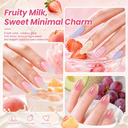 Image of Beetles Fruity Milk Jelly Gel Nail Polish Set - 6 Colors Spring Pastel Gel Polish Kit Pink Purple Blue Peach Nude Green Yellow Sheer Translucent Effect Soak Off UV Nail Art Manicure Gift for Women