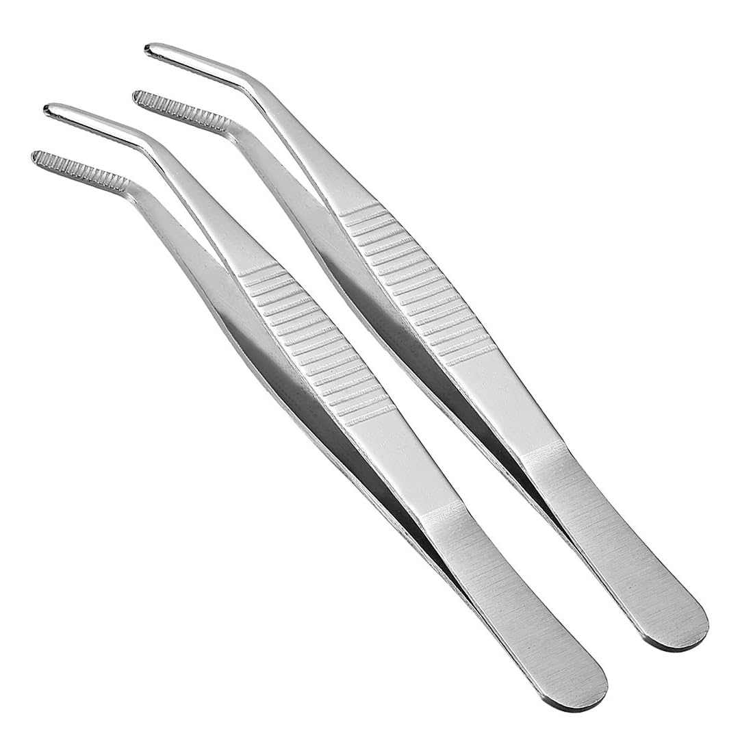 TA-VIGOR 2Pcs 5 Inch Stainless Steel Tweezers with Curved Serrated Tip, Universal Multipurpose Bent TipTweezers Ideal for Cooking, Grilling, Baking, Sewing, Craft