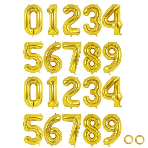 Image of 20 Pcs 16 Inch Gold Number 0-9 balloons, Number Foil Balloons, Small Mylar Numbers Balloon Custom Digital Balloons for Birthday Aniversary Baby Shower Party Decorations Supplies (Gold 2 Set)