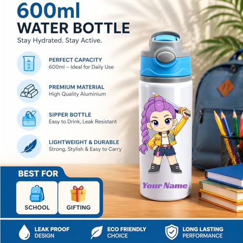 Image of Personalized KPOP Printed Aluminium Sipper Bottle 600ml for Kids | Custom Name School Water Bottle | Birthday Return Gifts | Gift for Brother, Sister, Friends|Customised Gift