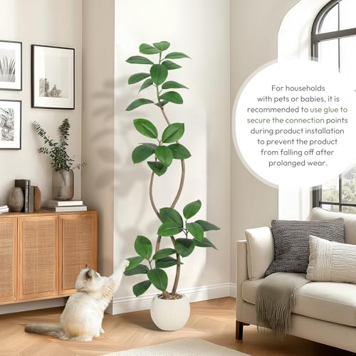6FT Artificial Plant Rubber Tree with Off White Sphere Resin Planter & Stone Faux Fiddle Leaf Fig Tree Indoor Artificial Tree Tall Plant Fake Tree Tropical Large Floor Tree Real Touch for Home Decor