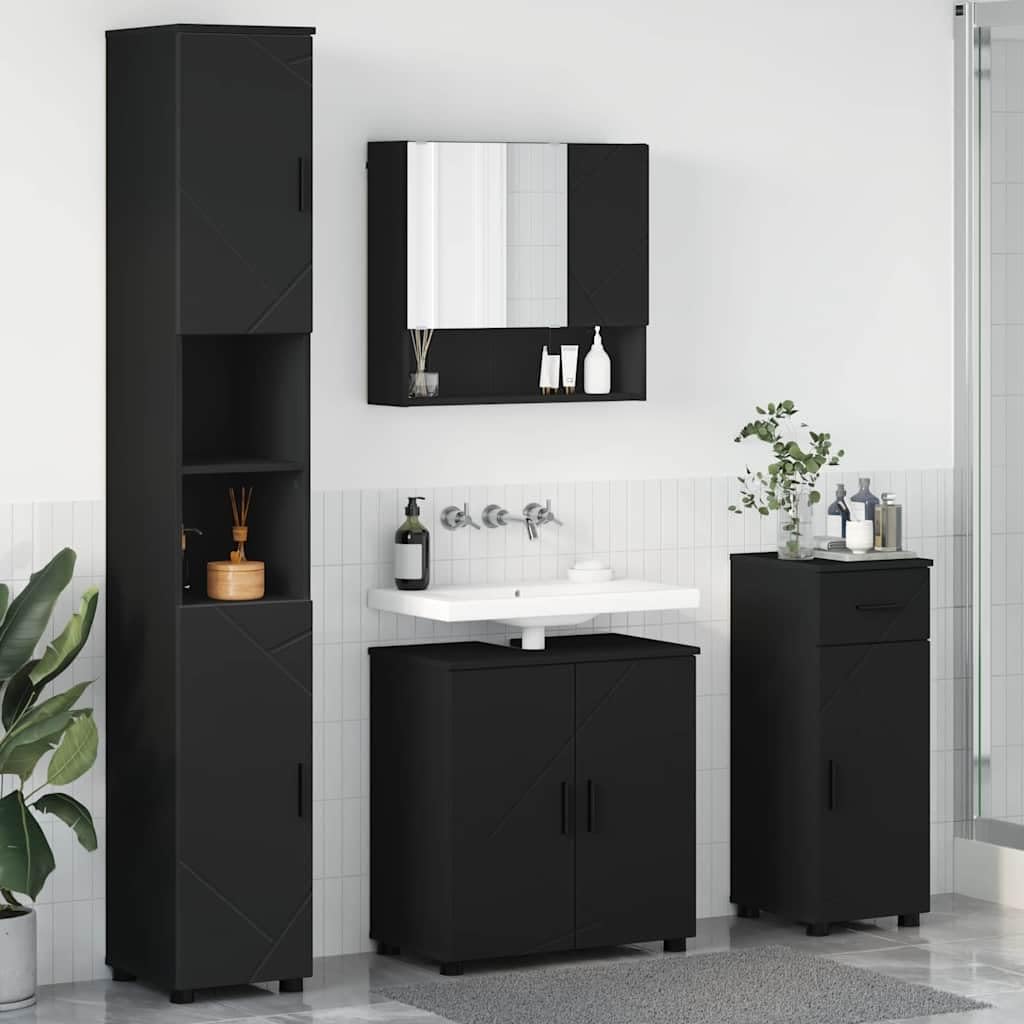 Moderno juego de baño de 4 piezas, color negro mate de madera y acero, armario para lavabo montado en la pared, amplio almacenamiento para su baño con lavabo de cerámica apto para aquellos