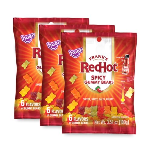 Huer - Frank's RedHot Original Spicy Gummy Bears 3 Pack - Sweet, Spicy, Salty, Fruity Candy - 6 Flavors - A Fiery Twist on Classic Gummies - 3.52oz Bags (Pack of 3)
