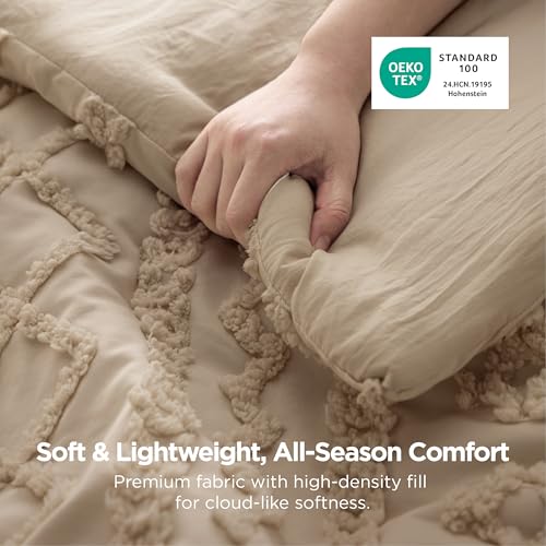 Image of Bedsure Tufted Boho Comforter Set Oversized Queen - Light Brown Boho Bed Set, GentleSoft 3 Pieces Farmhouse-Style Embroidery Bedding, Gifts for Woman, Soft Jacquard Kids' Comforter for All Seasons