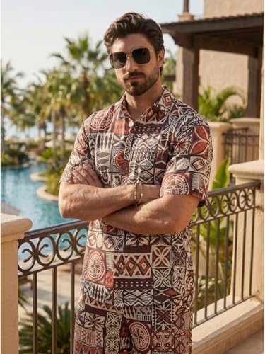 Image of BROWN CULTURE Men's Cotton Floral Print Co-ord Sets with Shirt & Shorts Collar Neck Standard Length and Button Down Closure Type | Night Suit for Men