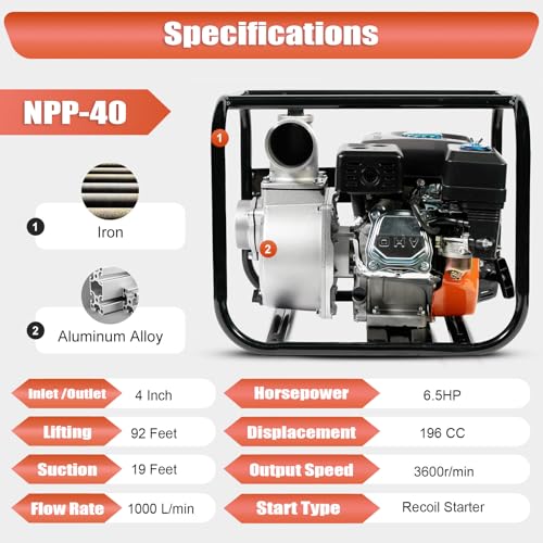 Image of Neptune Simplify Farming NPP-40 Turbo Water Pump | 6.5 HP 4-Stroke Petrol Engine | 4-Inch Outlet | 3600 RPM High Performance | 1200 L /min Max Flow | Perfect for Farming, Irrigation & Water Transfer
