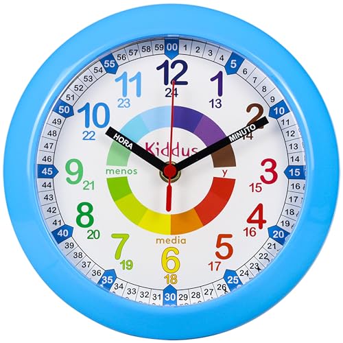 Kiddus Reloj de Pared Pedagógico Infantil para Niña, Niño. Analógico y Silencioso. Aprende la Hora con Nuestro Fácil Sistema Time Teacher. Ejercicios Incluídos. Diseñado en Barcelon