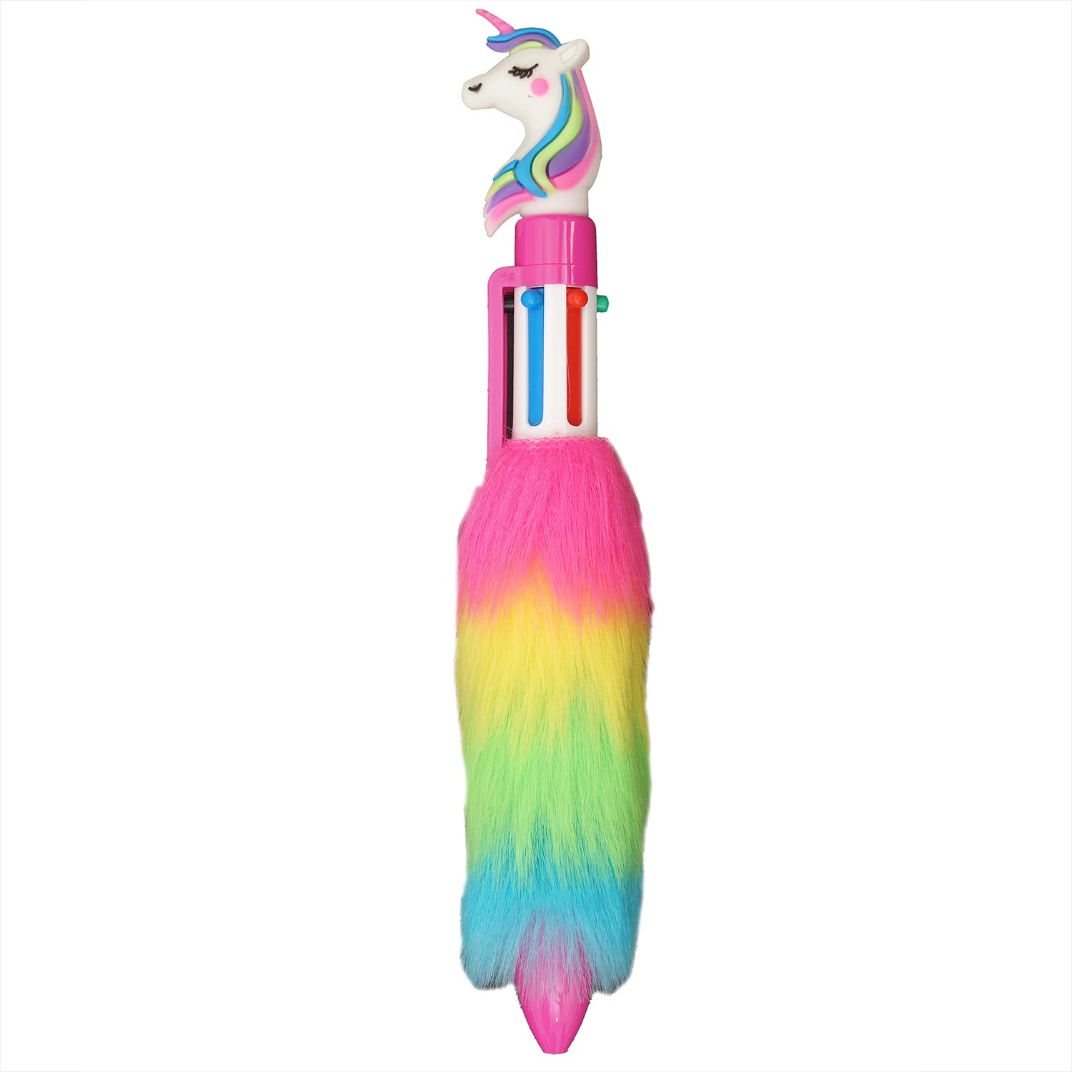 6-in-1 Multicolor Unicorn Ballpoint Pen for Girls with Fluffy Rainbow Tail | Cute Retractable Ink Pen for Kids | Fun School Stationery, Birthday Return Gift, Party Favor (Pack of 1)