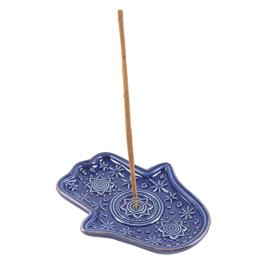 Hamsa Hand Ceramic Incense Dish | Dark Blue Trinket Holder | Spiritual Protection Decor | Mystical Jewellery Dish