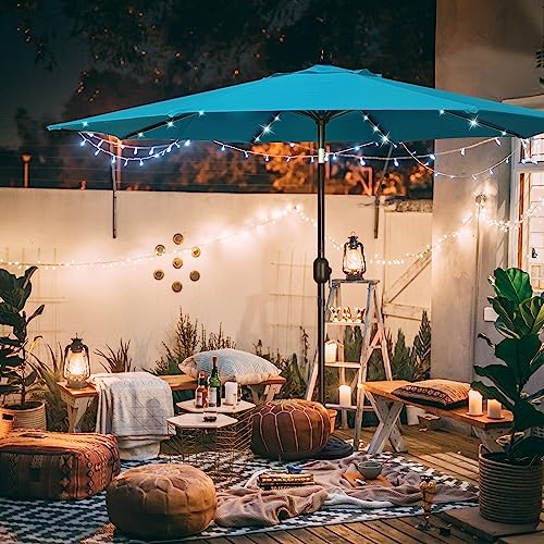 Image of Blissun 9 ft Solar Umbrella 32 LED Lighted Patio Umbrella Table Market Umbrella with Tilt and Crank Outdoor Umbrella for Garden, Deck, Backyard, Pool and Beach (Cerulean)